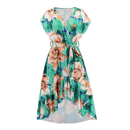 Summer New V-Neck Fishtail Dress Bat Sleeve Print Dress