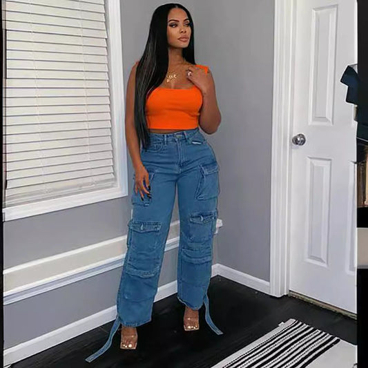 Trendy High Waist Cargo Jeans With Pockets