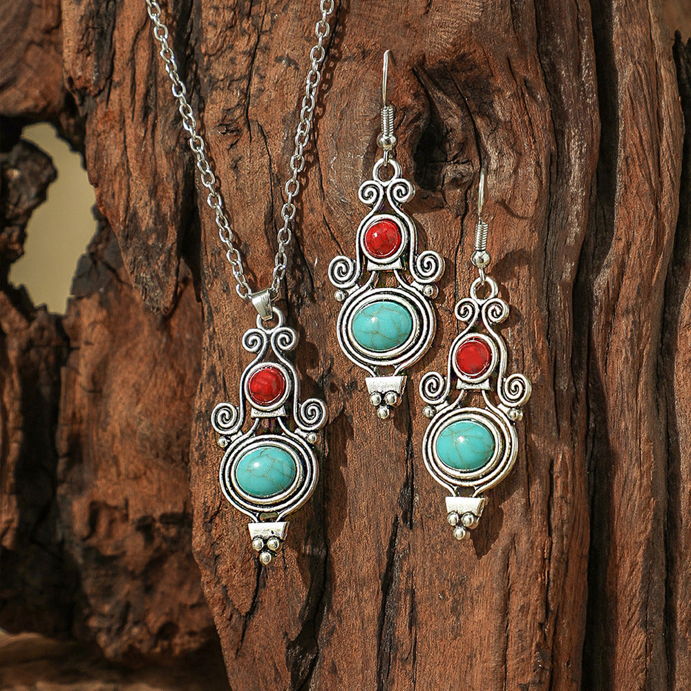 Bohemian Vintage Turquoise Water Drop Earrings and Necklace Set