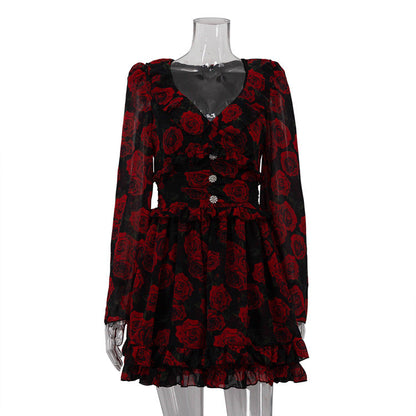 V-Neck Floral A-Line Dress Elegant Casual Polyester