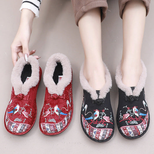 Women'S Vintage Embroidery Ethnic Style Women'S Warm Keeping Cotton Shoes Middle Aged And Old Aged Thick Velvet Mother'S Shoes Cotton Boots
