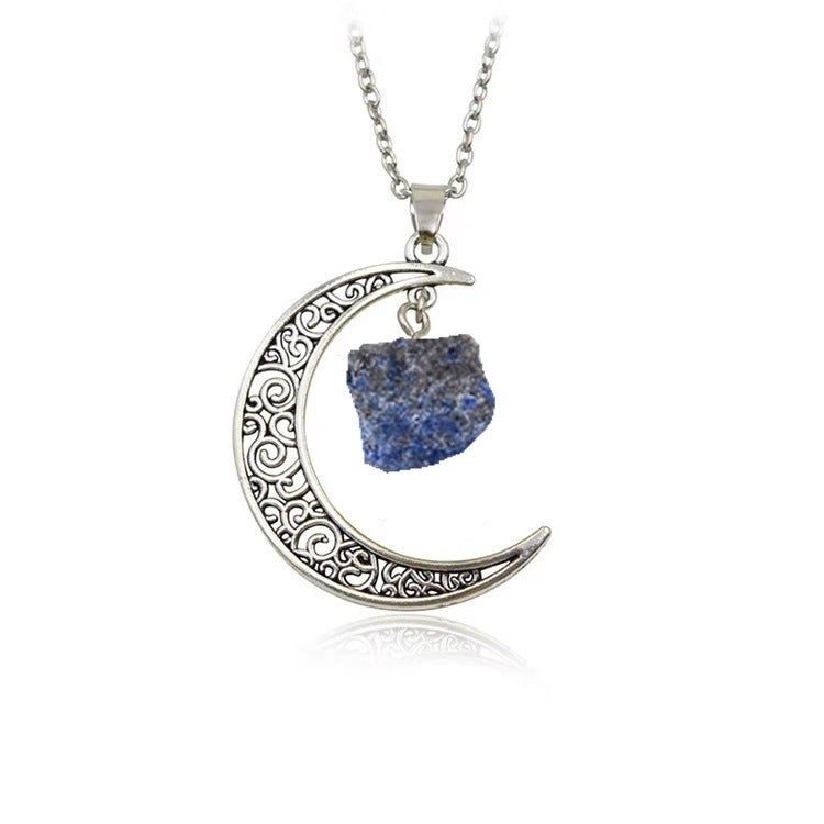 Natural Stone Crystal Necklace Vintage Moon Alloy Sweater Chain