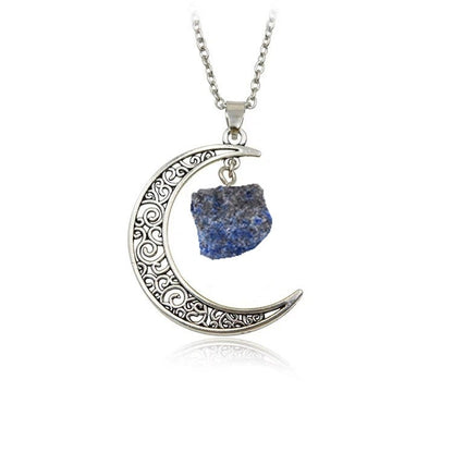Natural Stone Crystal Necklace Vintage Moon Alloy Sweater Chain