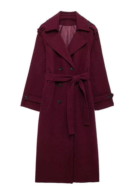 Double Breasted Belted Trench Coat Burgundy Fabric