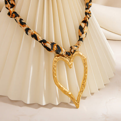 Heart Shaped Pendant Silk Scarf Necklace in 18K Gold Plated Stainless Steel
