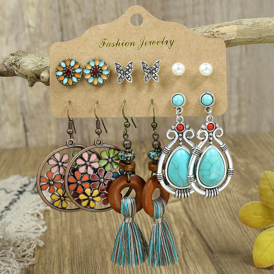 Vintage Lantern Flower Long Earrings Turquoise Boho Jewelry Set