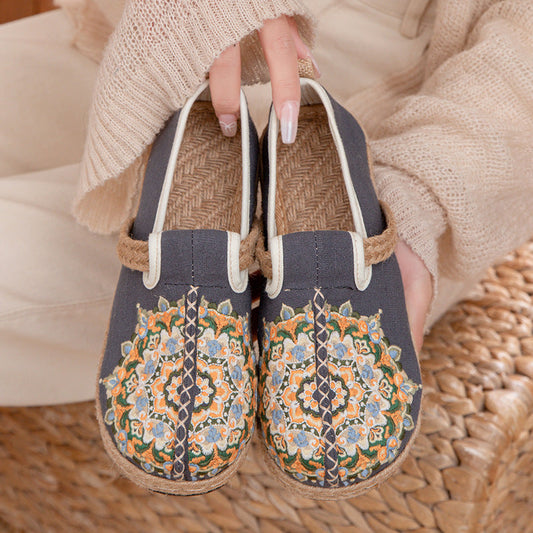 Spring New Ethnic Style Embroidered Cloth Shoes Handmade Linen Soft-Soled Women'S Single Shoes
