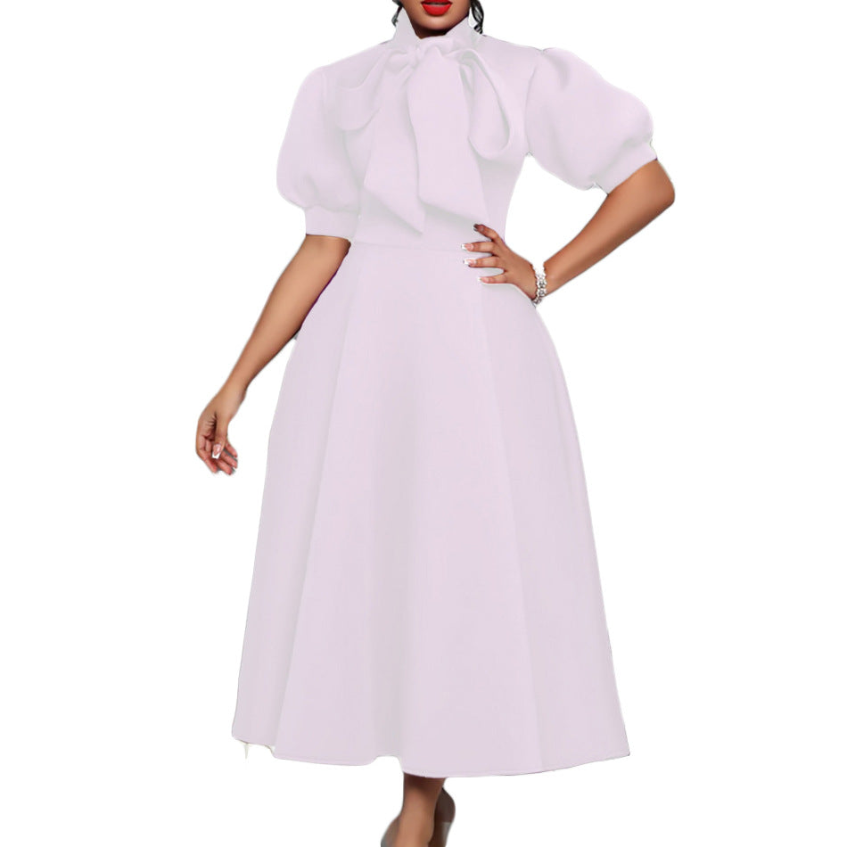 Elegant Solid Color Midi Dress With Bow Detail