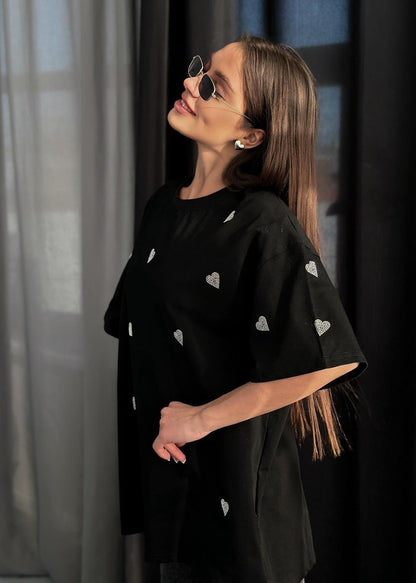 Oversized Black Cotton T Shirt With Sparkling Hearts