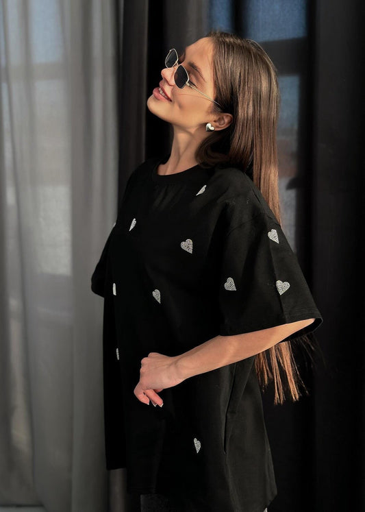 Oversized Black Cotton T Shirt With Sparkling Hearts