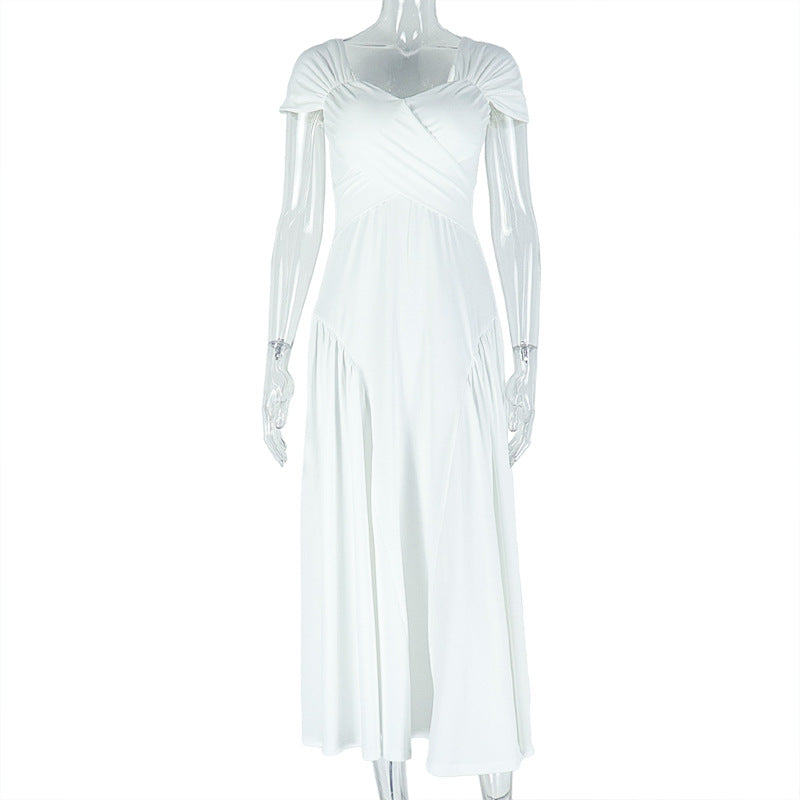 Elegant Solid Color Pleated A-Line Dress With V-Neck And Short Sleeves