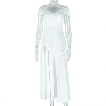 Elegant Solid Color Pleated A-Line Dress With V-Neck And Short Sleeves