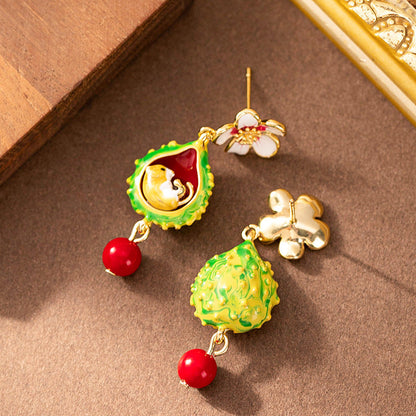 Charming Hand-Painted Enamel Squirrel Floral Earrings For Women