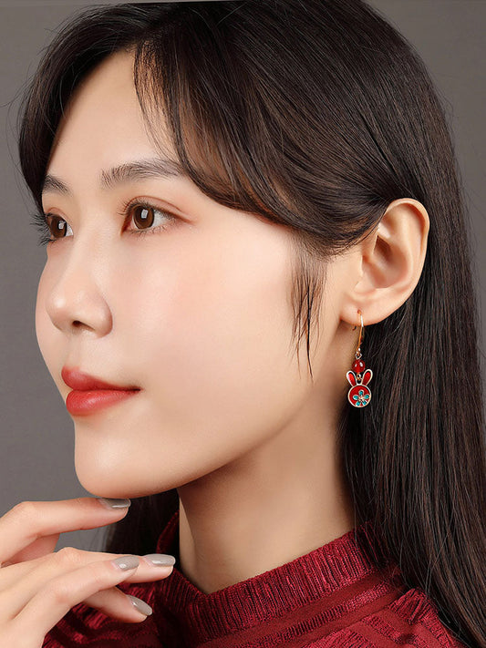 Red Earrings Antique Rabbit Earrings With Cheongsam Retro Sterling Silver Ethnic Earrings