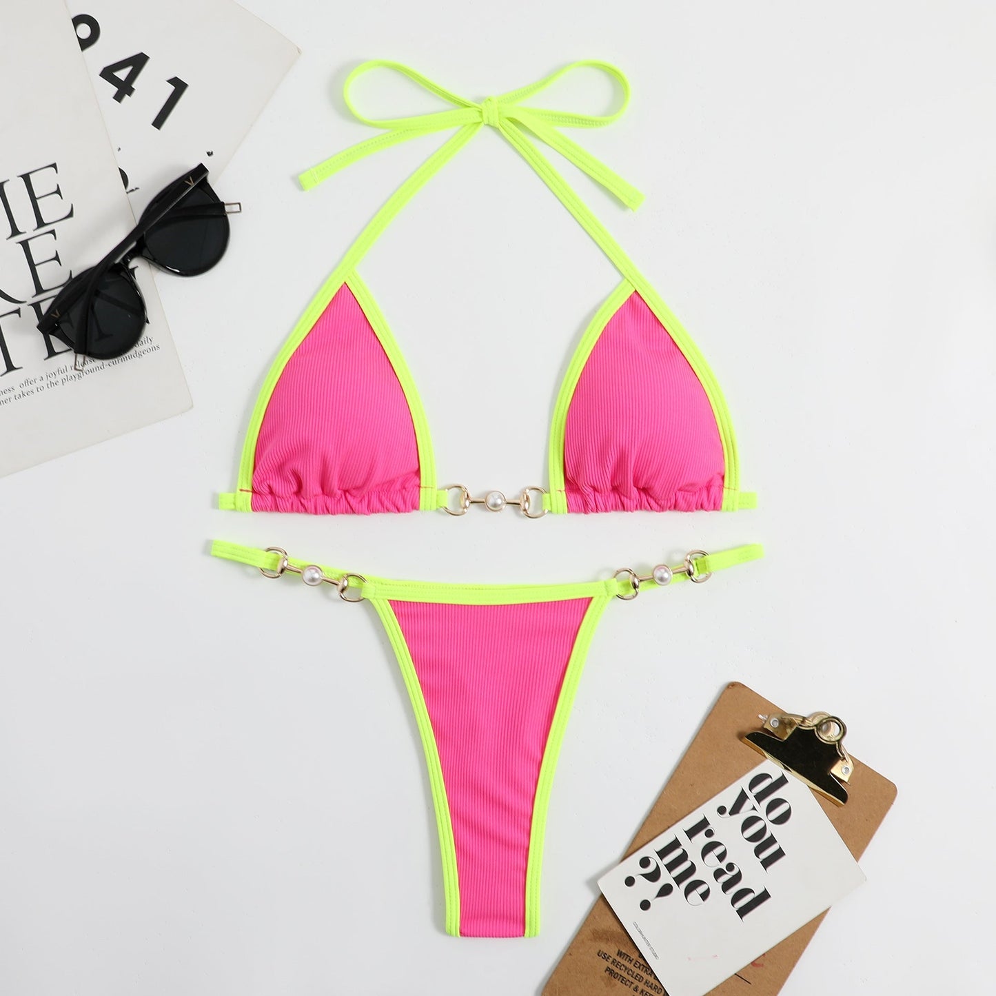 Color Block Halter Backless Swimwear