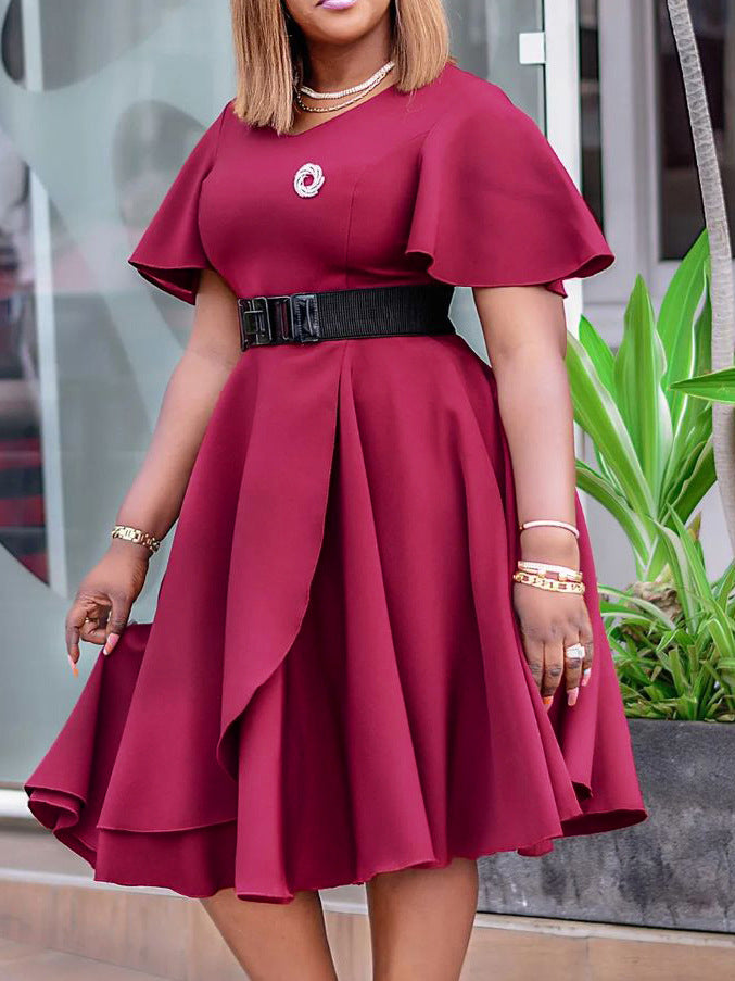 Solid Color A-Line Dress With Flared Sleeves