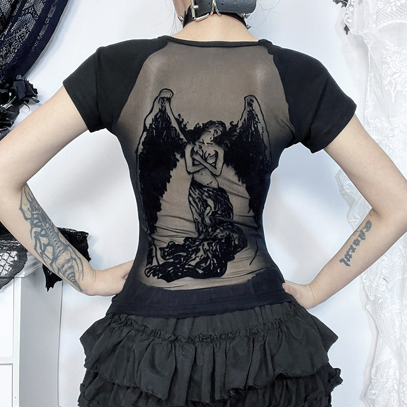 Gothic Style Graphic T-Shirt with Open Back