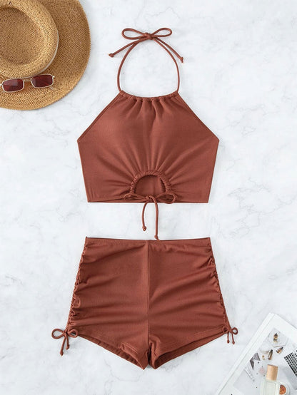 2PCS Solid Color Halter Drawstring Swimwear