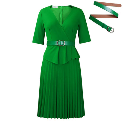 Elegant A-Line V-Neck Dress With Belt