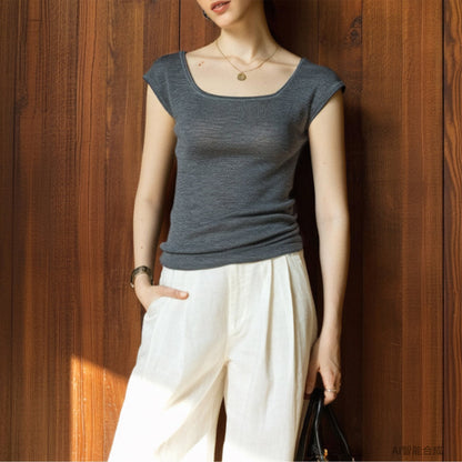 Stylish Square Neck Short Sleeve Knitted T-Shirt