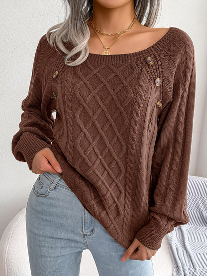 2025 Autumn And Winter Casual Square Collar Nail Button Twist Knitted Pullover Sweater