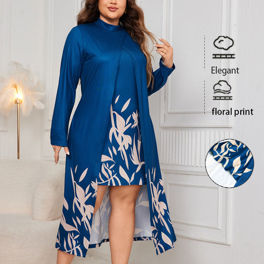 Trendy Floral Print Plus Size High Neck Long Sleeve Asymmetrical Dress
