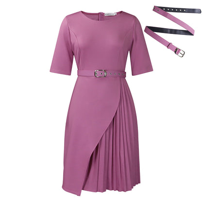 Elegant High-Waisted Pleated Midi Dress With Belt