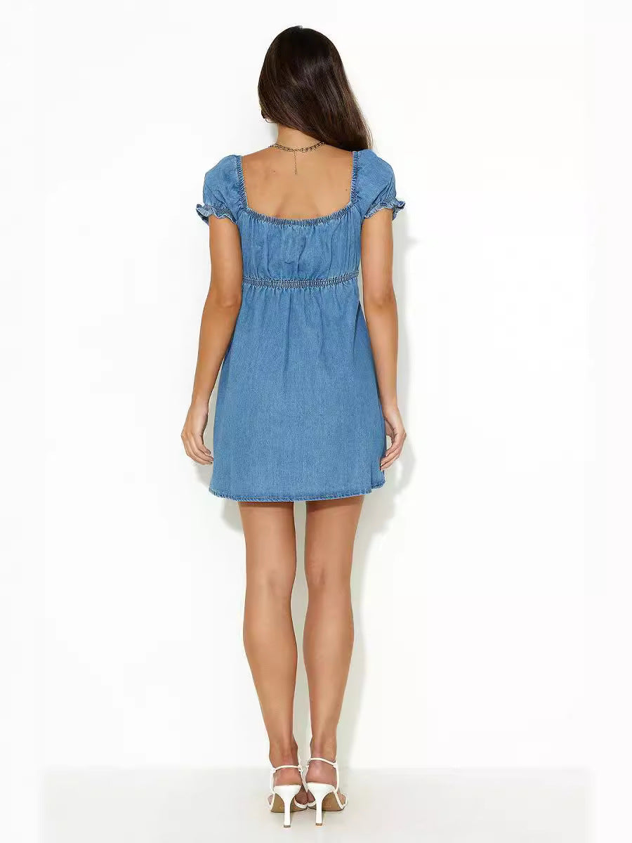 Women’s Denim Dress With Hollow Out Design And Puff Sleeves