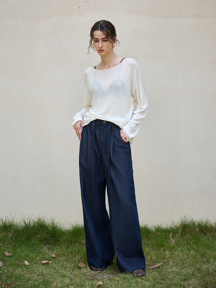 High-Waisted Casual Straight Pants with Tie Detail