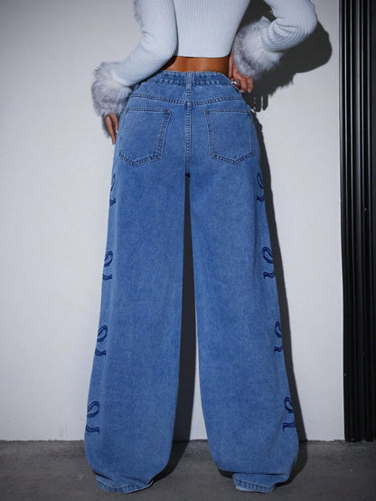 Casual Bow Print High Waist Baggy Jeans