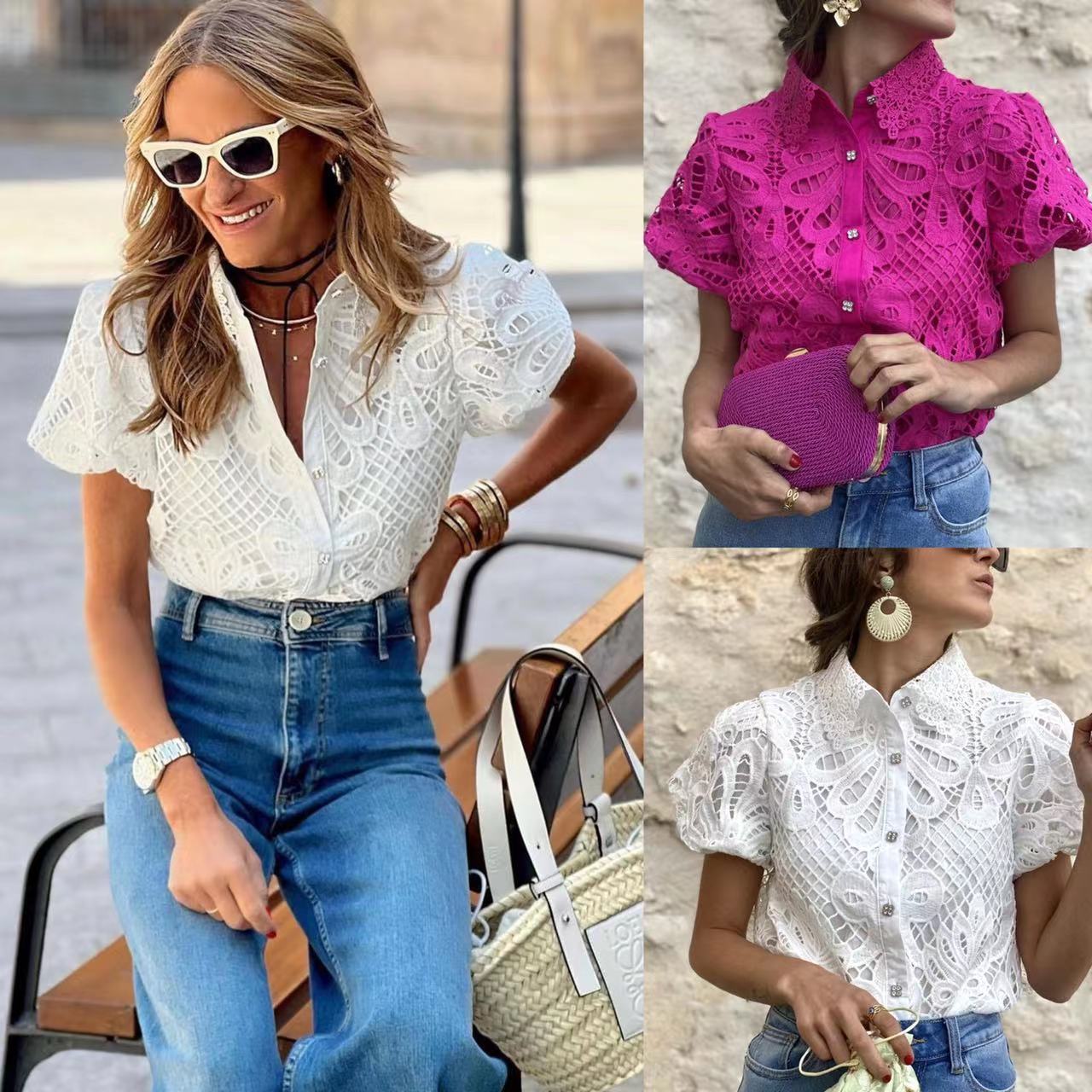 Lace Trim Cardigan Blouse with Puff Sleeves
