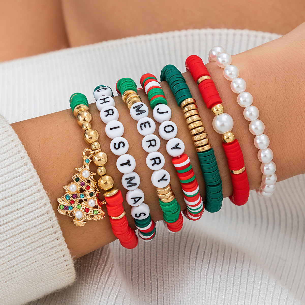 Christmas Themed Polymer Clay Bead Bracelet Set