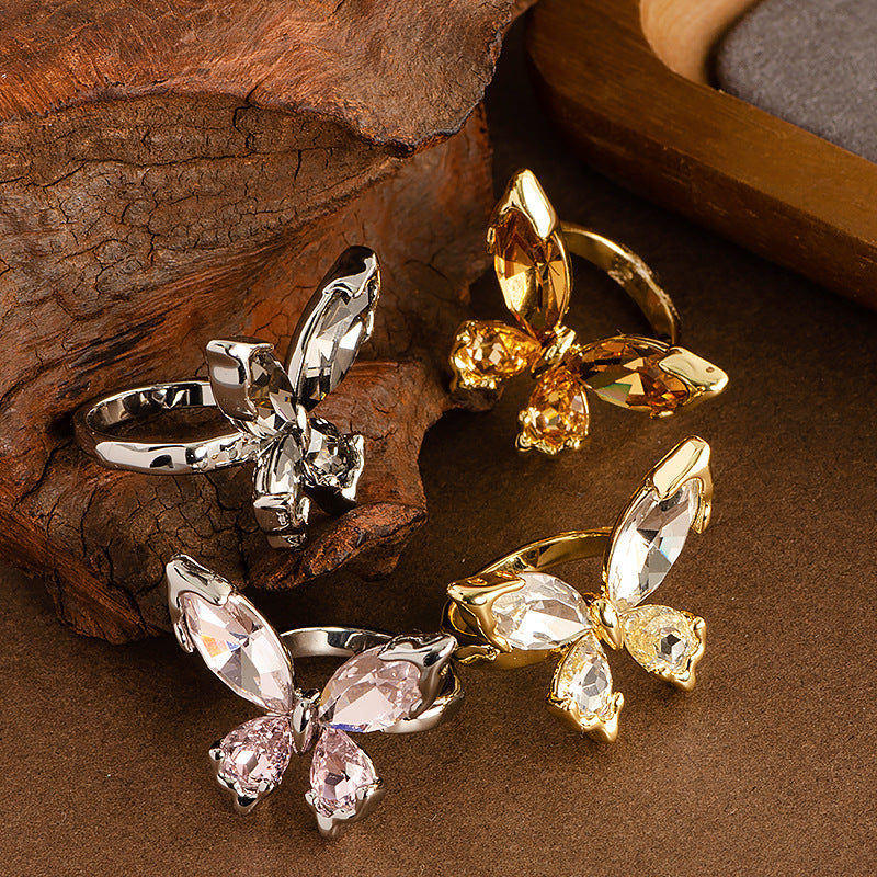 Fashion Crystal Butterfly Adjustable Open Ring For Women