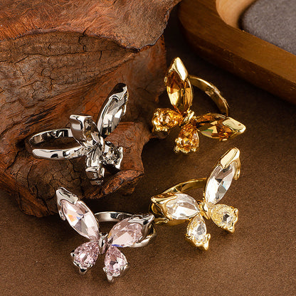 Fashion Crystal Butterfly Adjustable Open Ring For Women