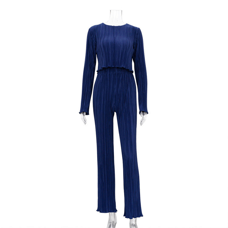 Chic Long Sleeve T-Shirt and Pleated Wide Leg Pants Set