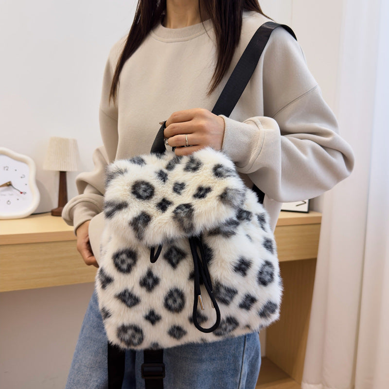 Leopard Print Plush Backpack Soft Fur Drawstring Bag