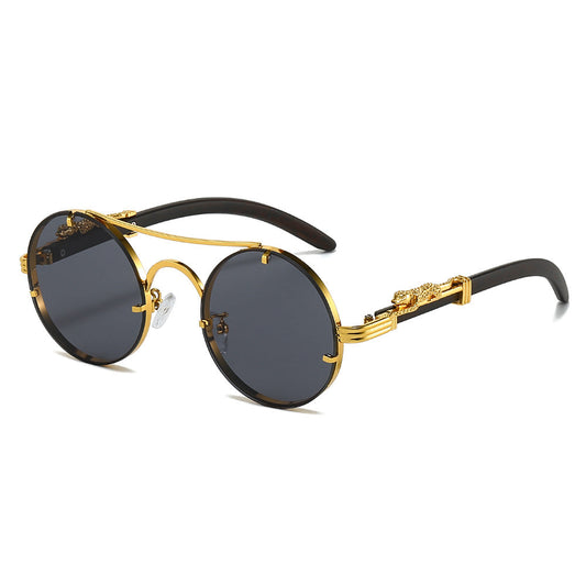 Vintage Round Metal Frame Sunglasses with Leopard Head Decoration