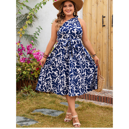 Asymmetrical Shoulder Floral Print Dress for Women