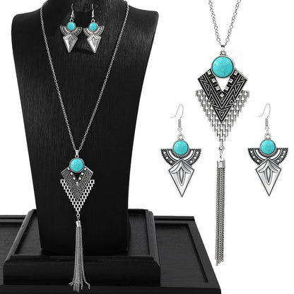 Retro Ethnic Long Pendant Necklace and Earring Set with Turquoise Accents