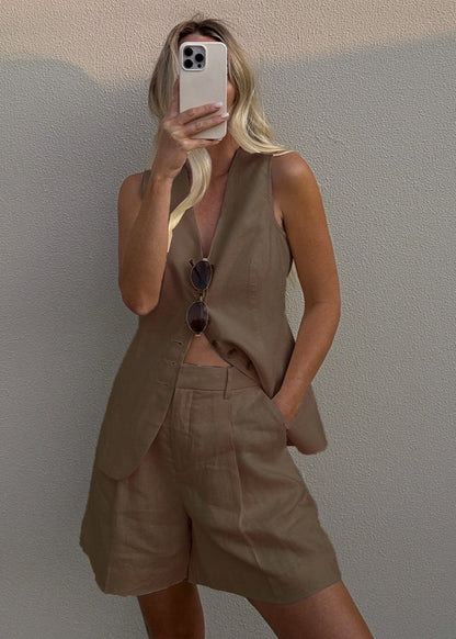 Tailored Linen Blend Vest And Shorts Set