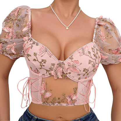 Retro Floral Crop Top With Puff Sleeves