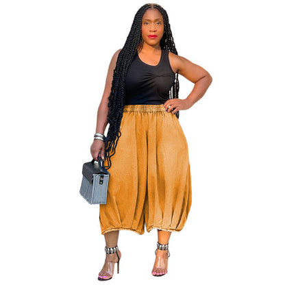 Casual Wide-Leg Denim Cropped Pants With Elastic Waist
