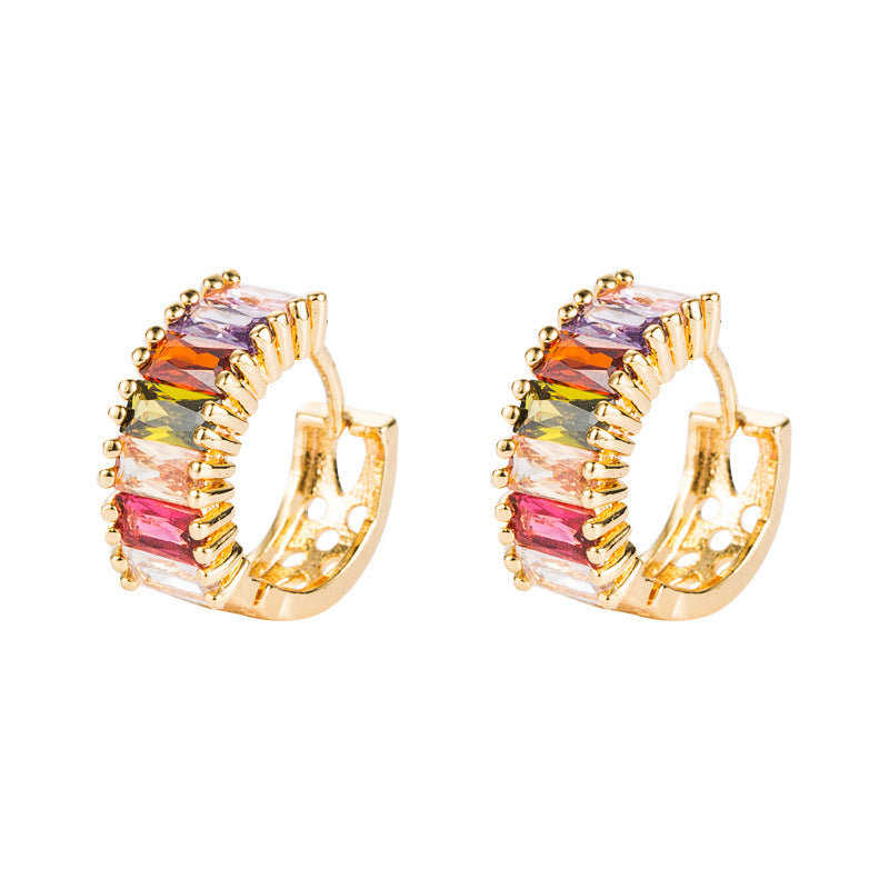 Colorful Zirconia Stud Earrings U-Shape Brass Plated with 18K Gold