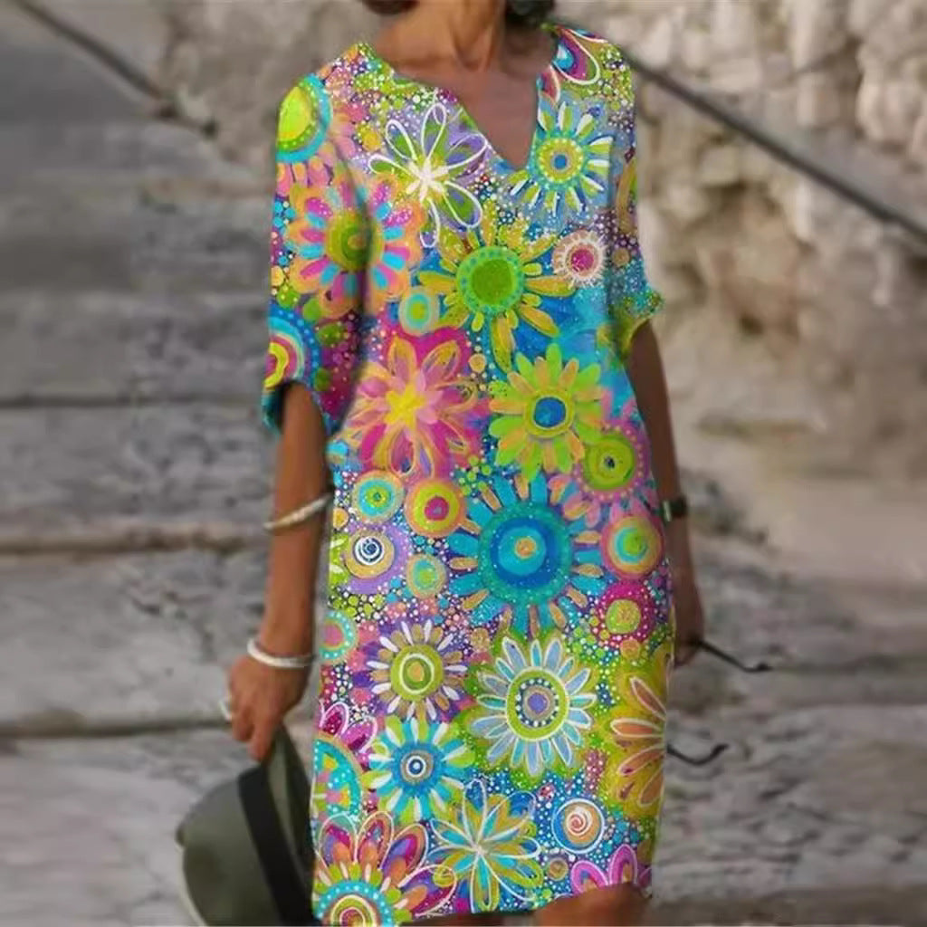 Two-Tone Printed V-Neck Loose Bamboo Dress