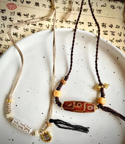 Original Ethnic Tibetan Style Natural Stone Nine-Eyed Dzi Beads Zakiram Vajra Pestle Lucky Necklace Retro Compilation