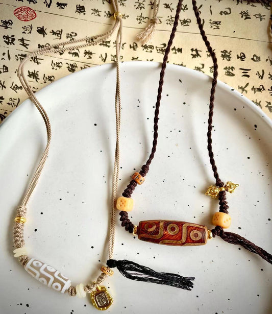 Original Ethnic Tibetan Style Natural Stone Nine-Eyed Dzi Beads Zakiram Vajra Pestle Lucky Necklace Retro Compilation
