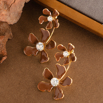 Exaggerated Floral Drop Earrings With Rhinestones For Women
