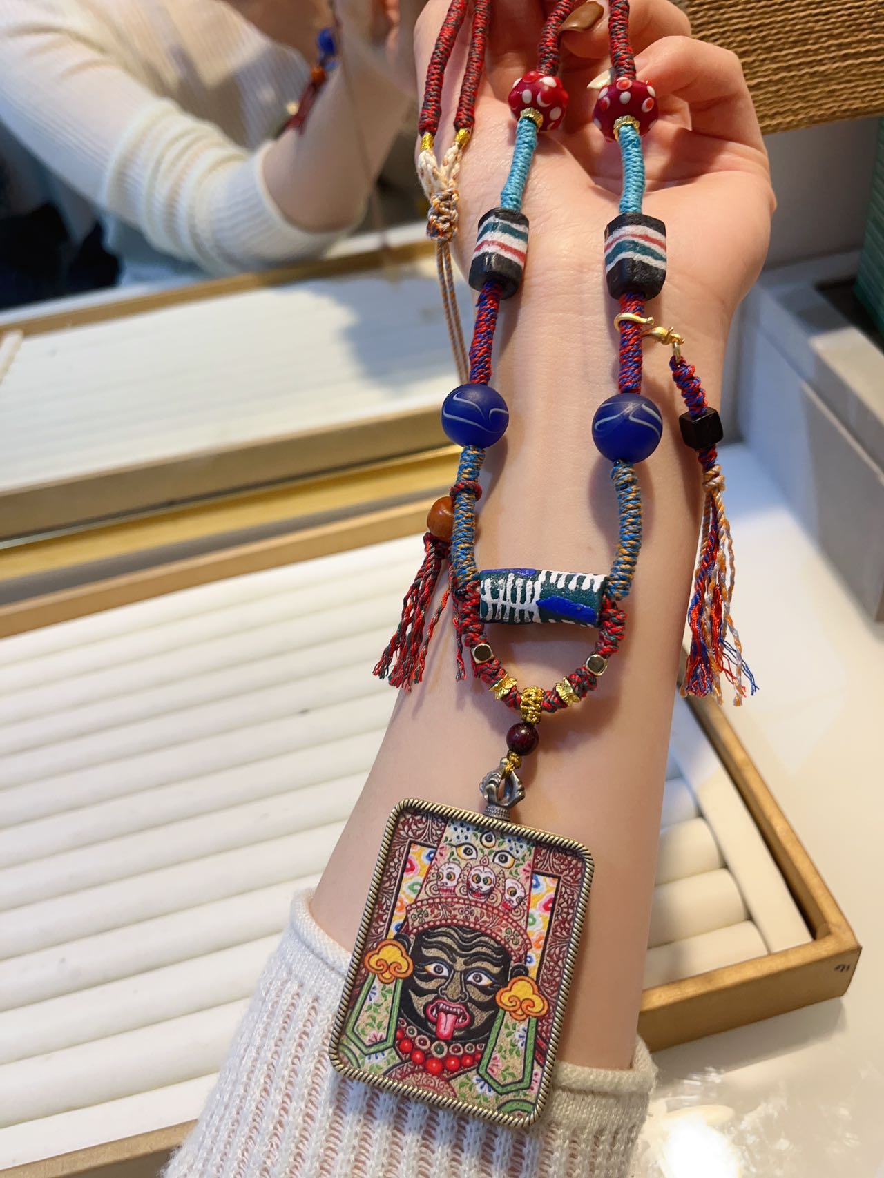 Zajiram Thangka Pendant With Tibetan Handmade Glass Necklace Rop