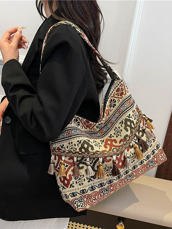 Trendy Ethnic Style Large Canvas Tote Bag with Fringe