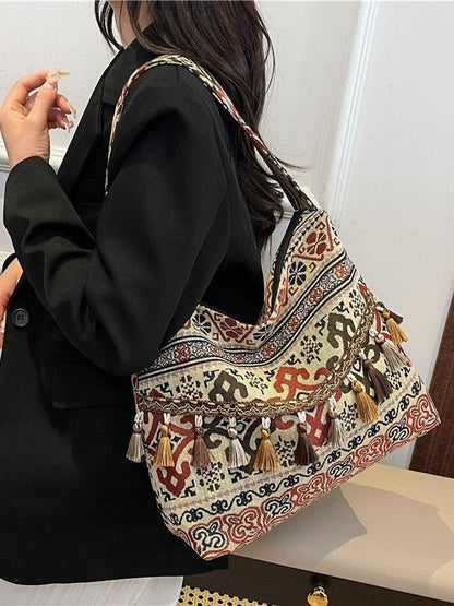 Trendy Ethnic Style Large Canvas Tote Bag with Fringe